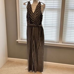Loft Light Grey Pinstriped Linen Jumpsuit with Tie Waist. (Size 8)